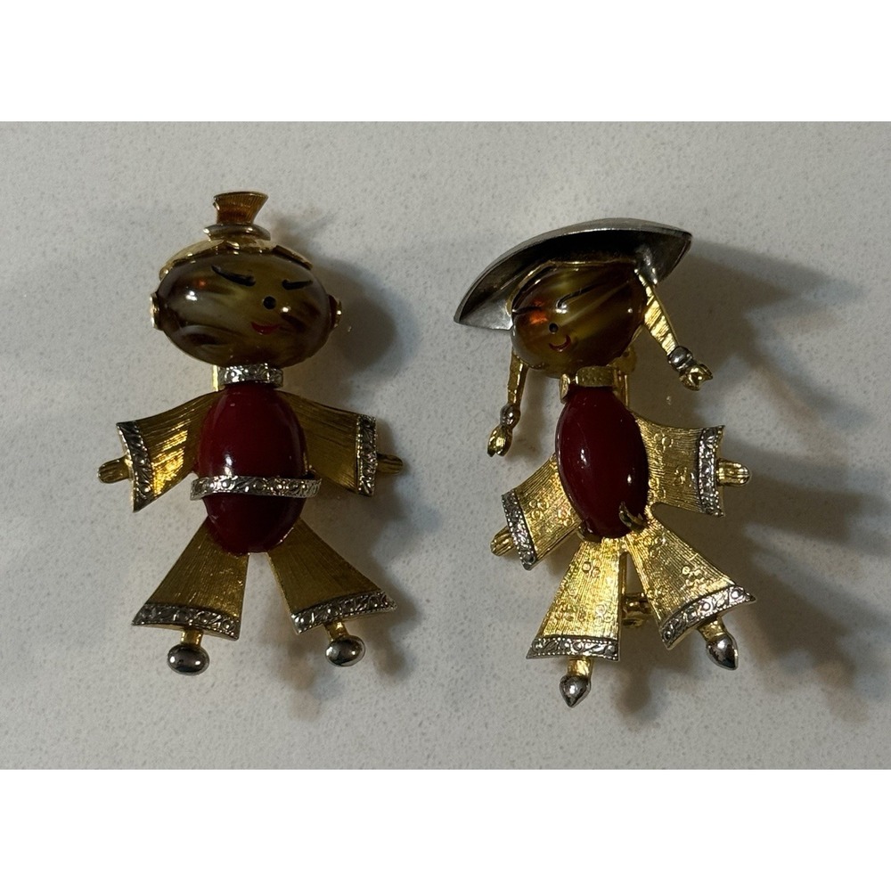 Vintage Asian Boy and Girl Jelly Belly Figural Brooch Malachite Tiger Eye Pins